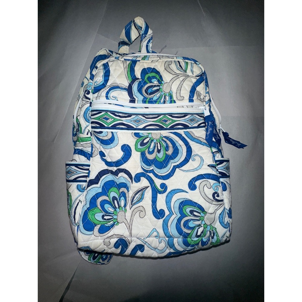 Vera Bradley Mediterranean White Quilted Cotton Mini Backpack Floral Blue Green